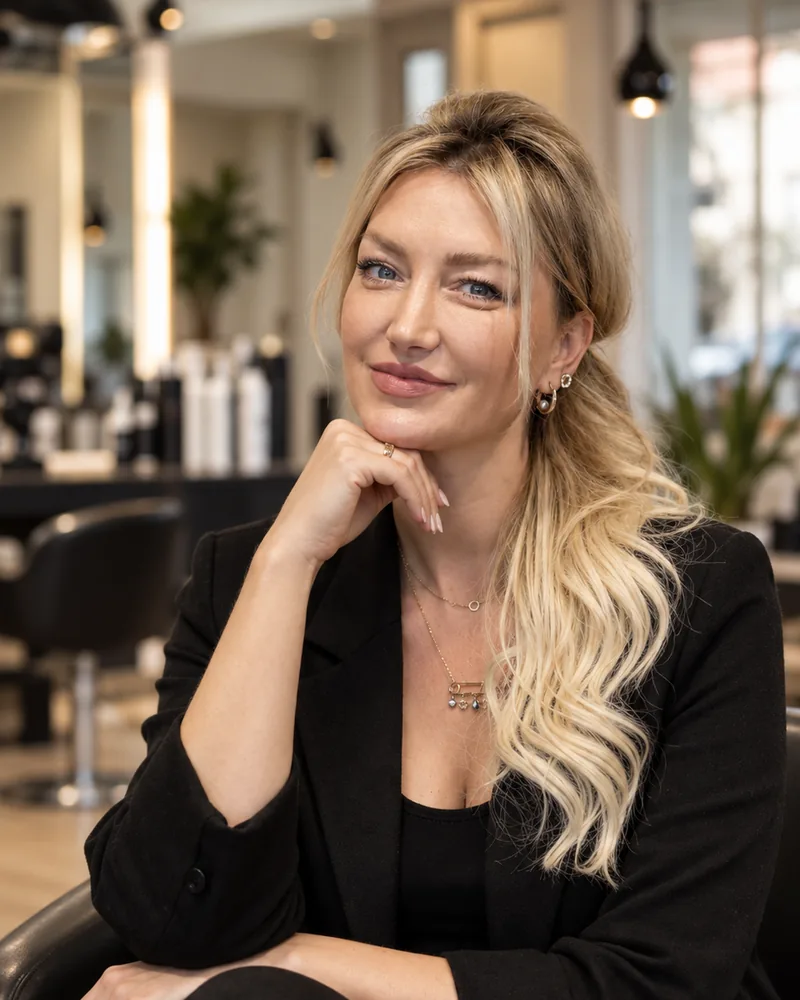 Madzia, właścicielka salonów Styliści, w fotelu w salonie